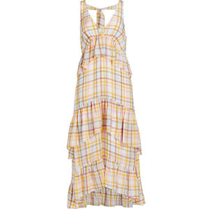 Cinq A Sept Astor Tiered Midi Dress Womens 10 Plaid Sleeveless White Pink Ruffle